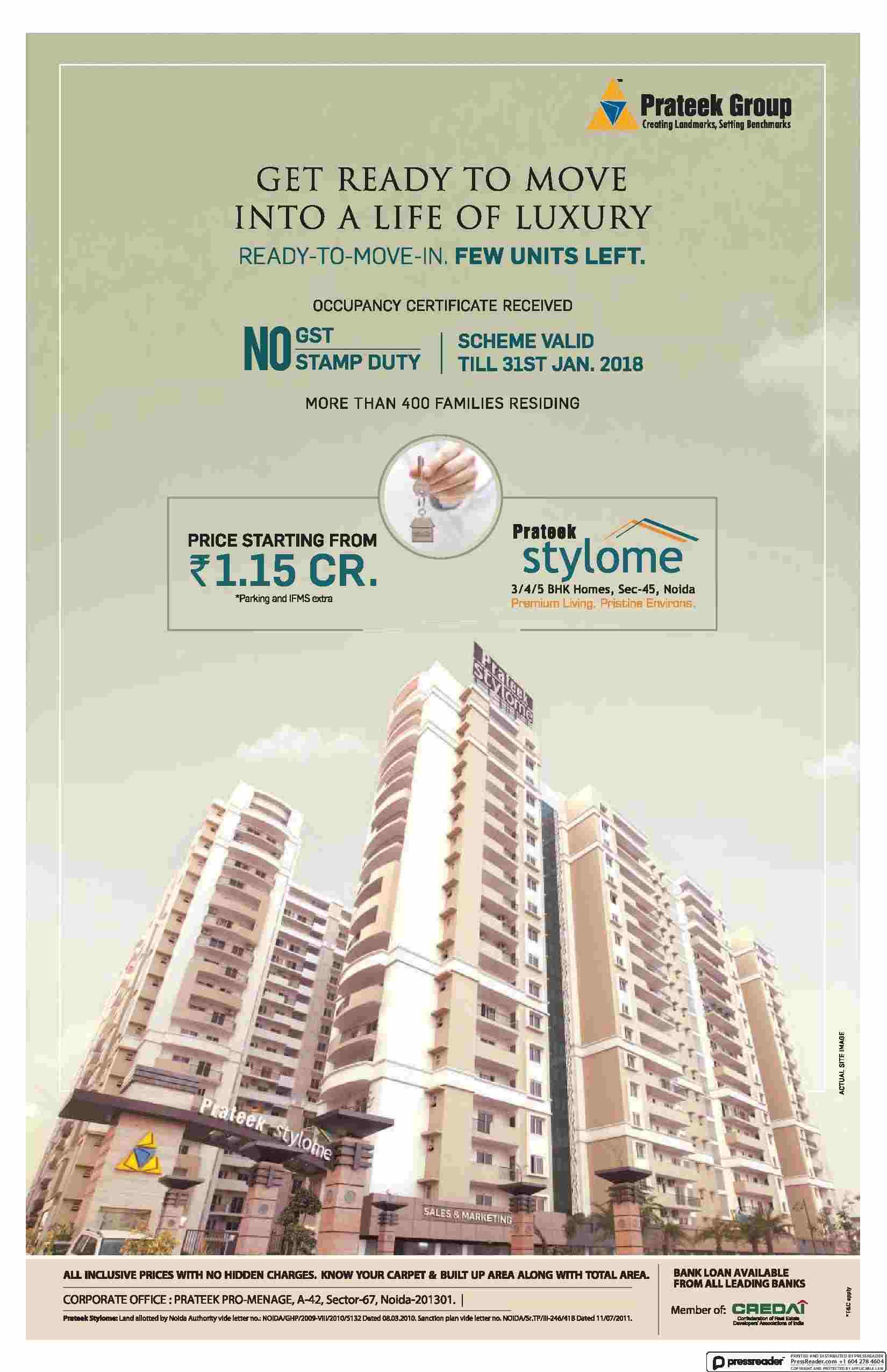 Get ready to move into a life of luxury at Prateek Stylome in Noida Update